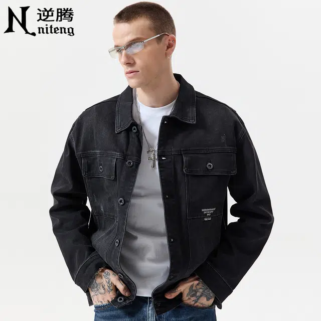 逆腾 秋季翻领夹克男潮牌美式复古宽松男士水洗工装牛仔外套 男女同款