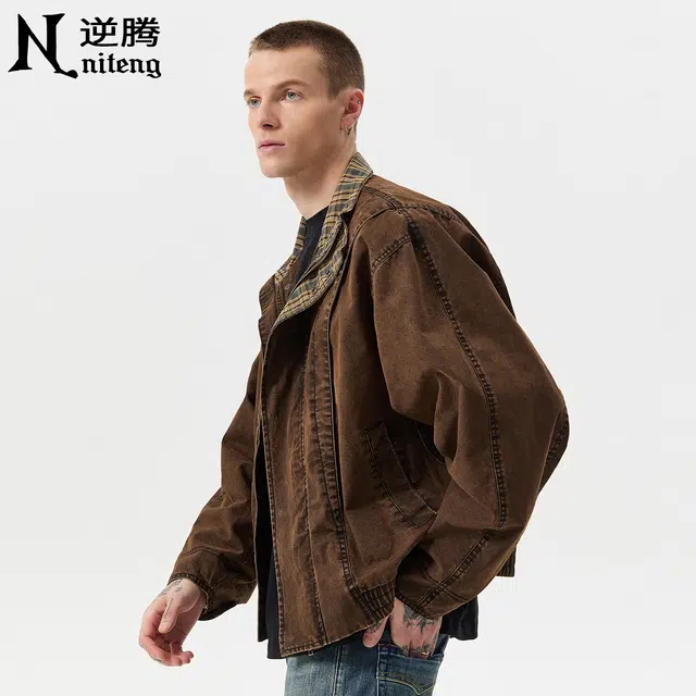 逆腾 秋季复古夹克男潮牌美式立领宽松男士痞帅短款纯棉工装牛仔外套 男款