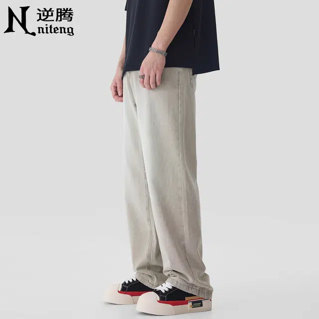 逆腾 宽松直筒舒适百搭中腰牛仔裤 男款 浅卡其色