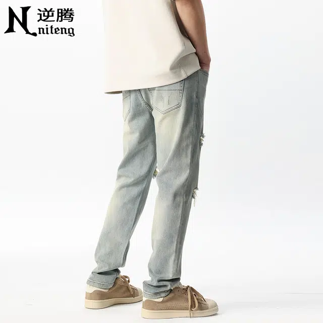 逆腾 潮牌复古破洞修身小脚弹力牛仔裤 男款