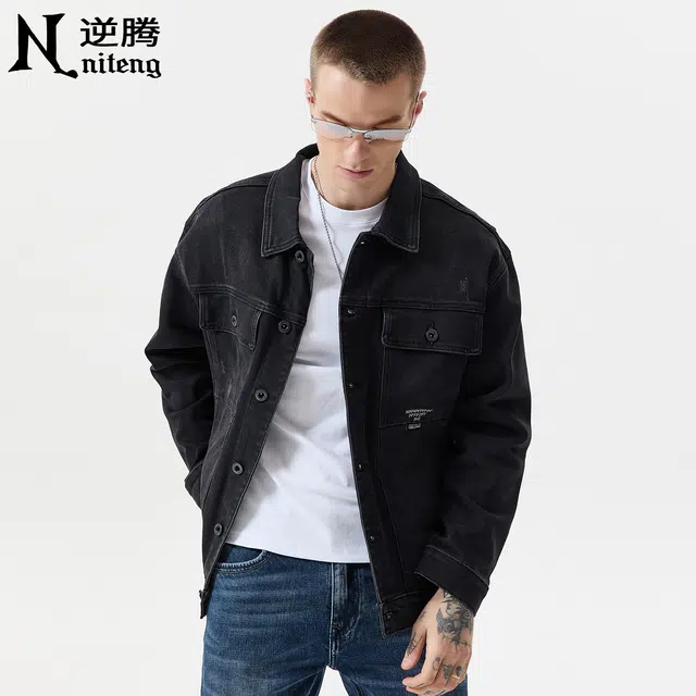 逆腾 秋季翻领夹克男潮牌美式复古宽松男士水洗工装牛仔外套 男女同款