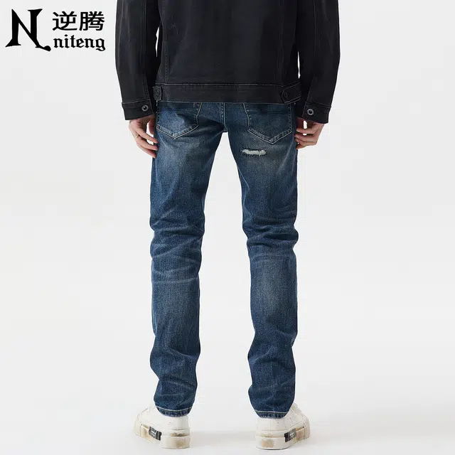逆腾 秋季长裤子男潮牌美式破洞补丁男士高街修身直筒小脚牛仔裤 男款