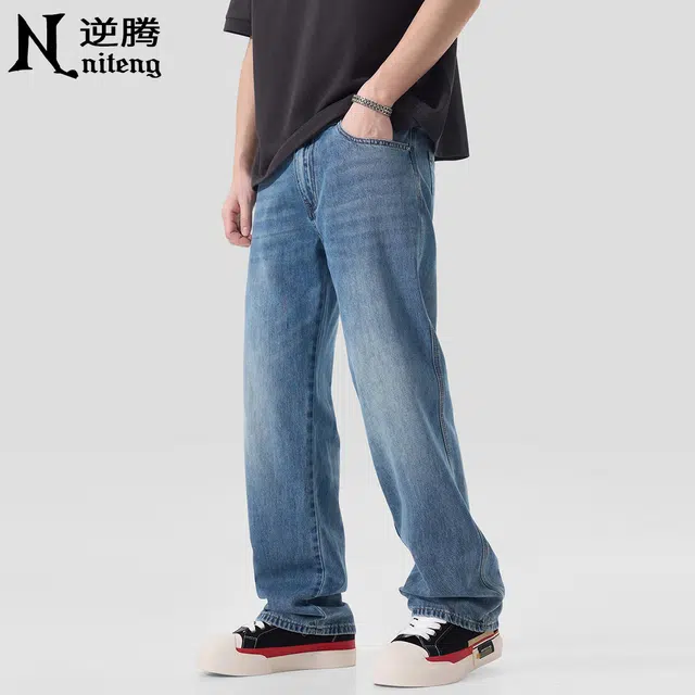 逆腾 潮牌垂感直筒牛仔裤 男款 蓝色