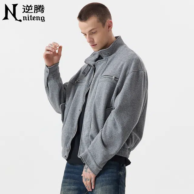 逆腾 秋季羊毛混纺休闲外套男美式潮牌宽松男士短款高级感立领毛呢夹克 男女同款