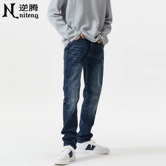 逆腾 秋季弹力长裤子男美式修身直筒男裤水洗商务通勤男士小脚牛仔裤 男款