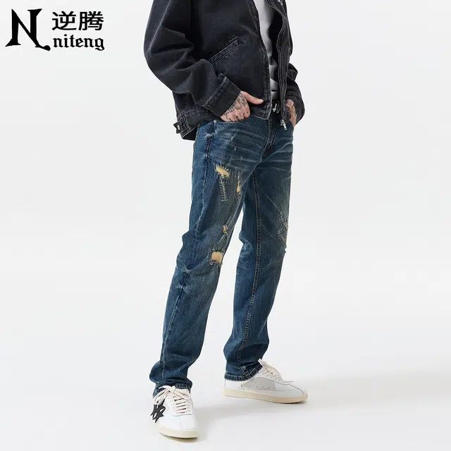 逆腾 逆腾破洞补丁裤男美式高街修身裤子男士潮牌水洗复古直筒小脚牛仔裤 男款