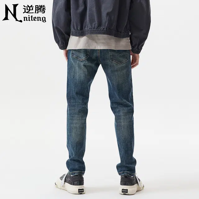 逆腾 秋季莱赛尔蓝色裤子男弹力小直筒男士复古百搭修身小脚牛仔裤 男女同款