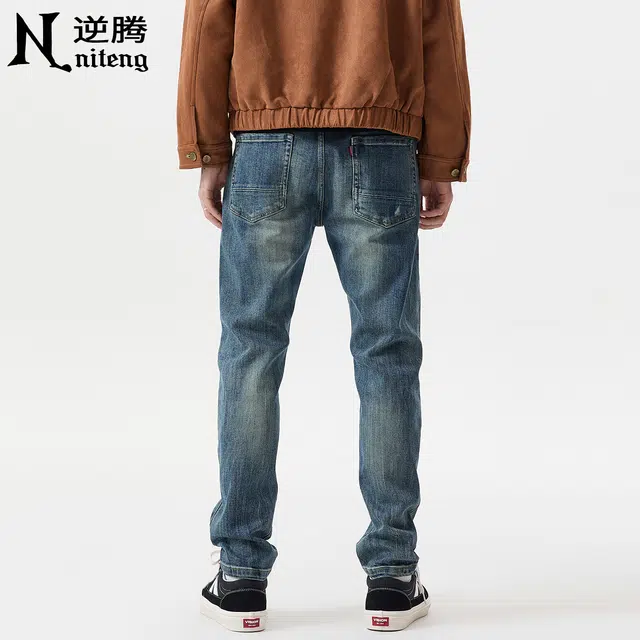 逆腾 秋季破洞长裤男美式复古修身裤子男士水洗直筒弹力小脚牛仔裤 男款