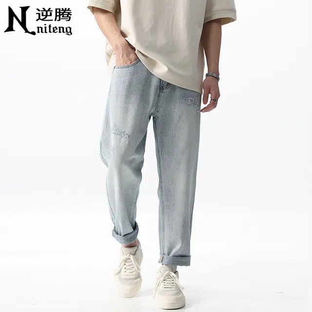 逆腾 潮牌破洞复古宽松直筒九分微锥裤牛仔裤 男女同款 蓝色