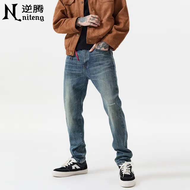 逆腾 秋季破洞长裤男美式复古修身裤子男士水洗直筒弹力小脚牛仔裤 男款