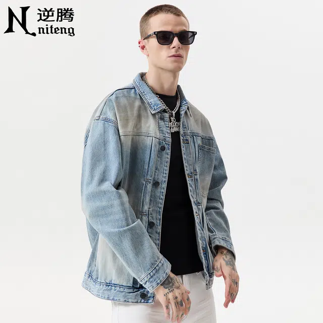 逆腾 秋季做旧工装夹克男美式高街水洗宽松翻领男士渐变牛仔外套 男女同款