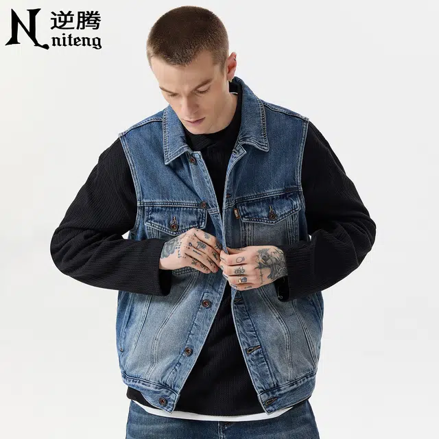 逆腾 秋季复古牛坎肩背心男美式宽松无袖工装外套男士百搭牛仔马甲 男女同款