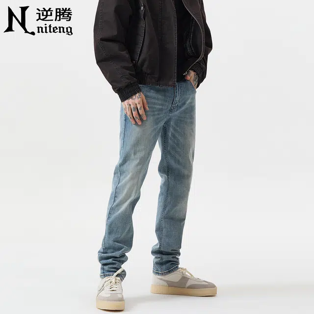 逆腾 逆腾裤男美式修身直筒裤子男士潮牌高街复古水洗小脚牛仔裤 男款