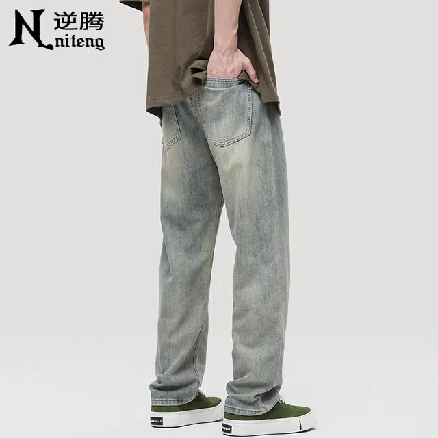 逆腾 潮牌直筒垂感阔腿牛仔裤 男款 复古蓝