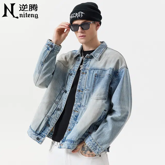 逆腾 秋季做旧工装夹克男美式高街水洗宽松翻领男士渐变牛仔外套 男女同款