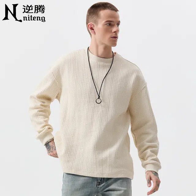 逆腾 秋季圆领高级感长袖上衣男提花宽松毛衣打底衫男士慵懒风针织衫 男女同款