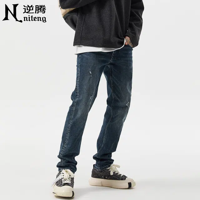 逆腾 秋季小破洞长裤男潮牌莱卡修身小直筒男士复古水洗小脚牛仔裤 男款