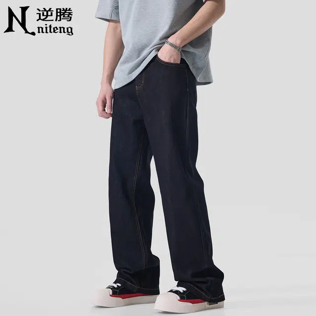 逆腾 潮牌原色垂感直筒拖地牛仔裤 男款 黑色