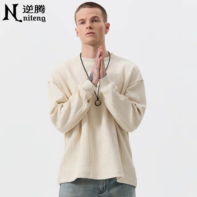 逆腾 秋季圆领高级感长袖上衣男提花宽松毛衣打底衫男士慵懒风针织衫 男女同款