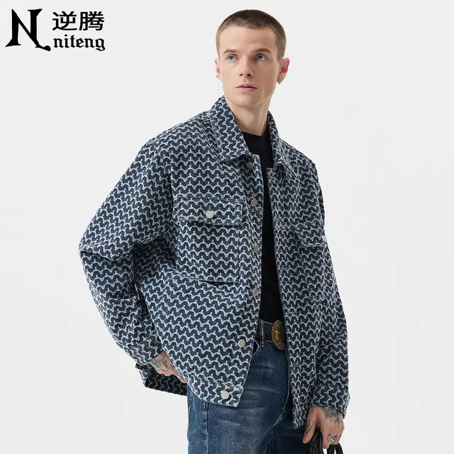 逆腾 秋季纯棉提花工装夹克男潮流高级感宽松男士轻奢翻领牛仔外套 男女同款