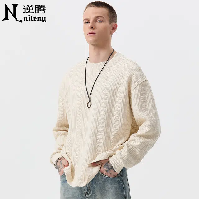 逆腾 秋季圆领高级感长袖上衣男提花宽松毛衣打底衫男士慵懒风针织衫 男女同款