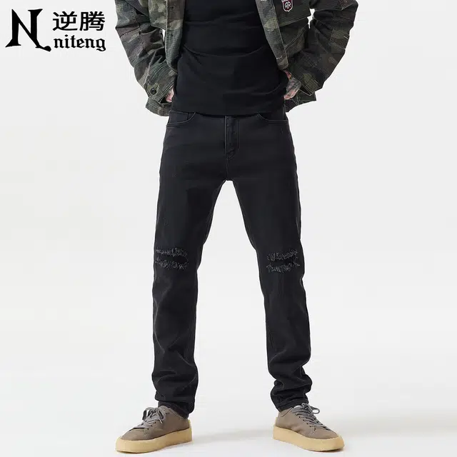 逆腾 秋季黑色破洞长裤男美式高街直筒裤子男士痞帅修身小脚牛仔裤 男款