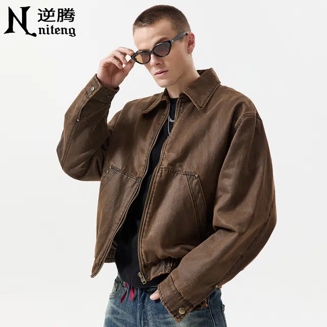 逆腾 秋季巴安油蜡皮工装外套男美式复古宽松短款男士休闲翻领夹克 男女同款