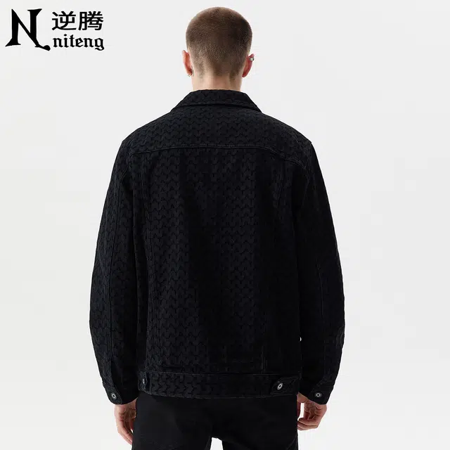 逆腾 秋季牛仔外套男潮牌美式提花水洗翻领男士工装休闲夹克 男女同款