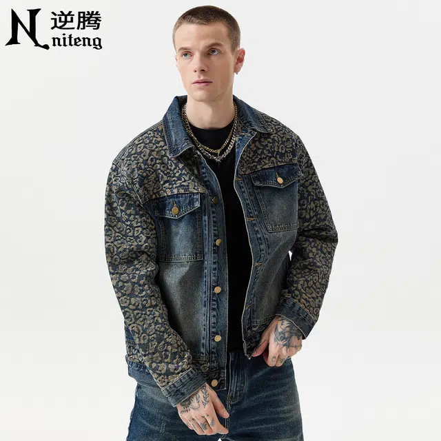 逆腾 秋季提花拼接夹克男美式复古痞帅男士宽松翻领个性牛仔外套 男女同款