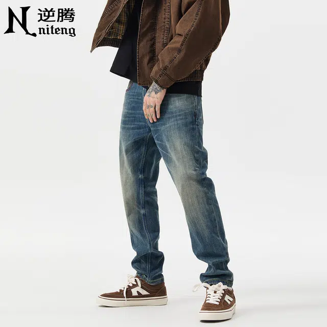 逆腾 秋季复古长裤男潮牌美式修身弹力裤子男士基础款直筒小脚牛仔裤 男款