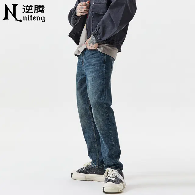逆腾 秋季莱赛尔蓝色裤子男弹力小直筒男士复古百搭修身小脚牛仔裤 男女同款