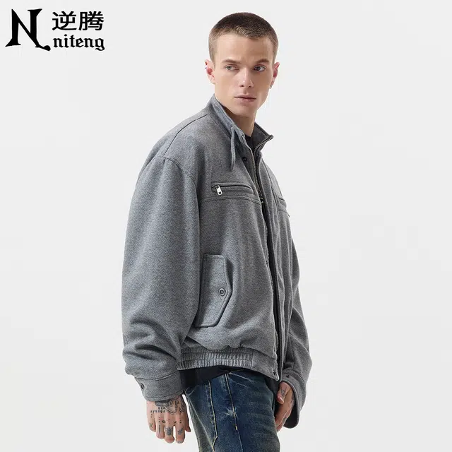 逆腾 秋季羊毛混纺休闲外套男美式潮牌宽松男士短款高级感立领毛呢夹克 男女同款