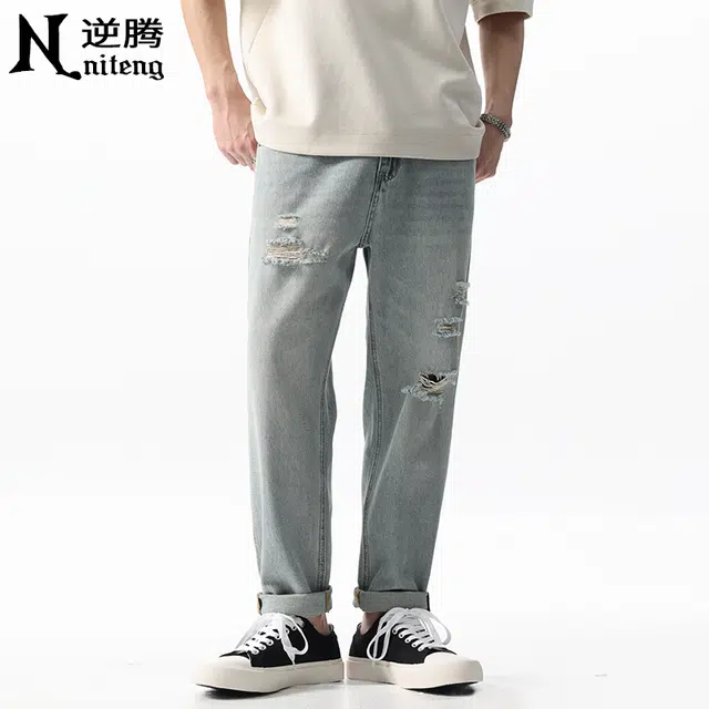 逆腾 潮牌破洞浅色锥形九分牛仔裤 男款 浅蓝色