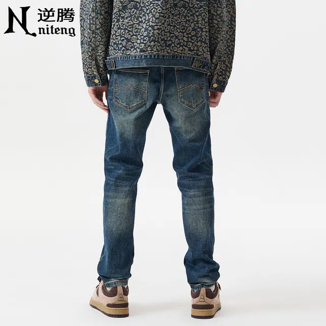 逆腾 秋季弹力长裤男潮牌耐磨修身直筒男裤美式刮烂小脚牛仔裤 男款