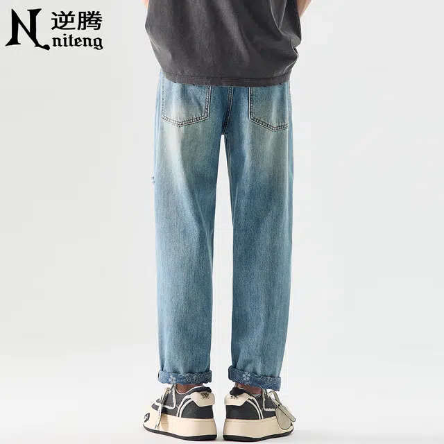 逆腾 夏季破洞裤子潮牌宽松锥形裤水洗复古直筒小脚九分牛仔裤 男款