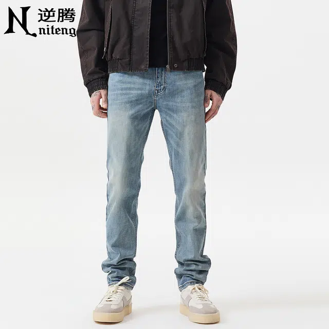 逆腾 逆腾裤男美式修身直筒裤子男士潮牌高街复古水洗小脚牛仔裤 男款