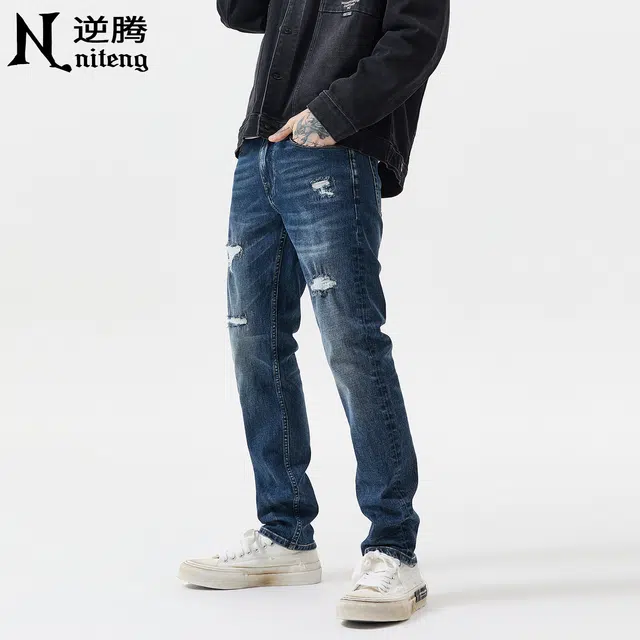 逆腾 秋季长裤子男潮牌美式破洞补丁男士高街修身直筒小脚牛仔裤 男款