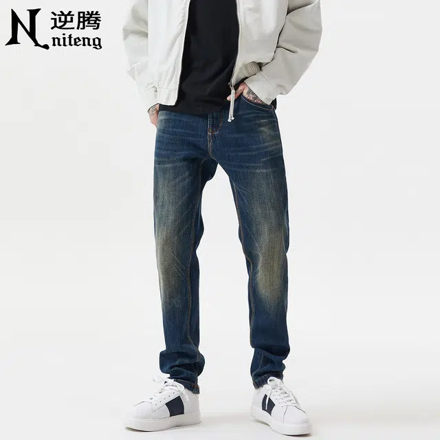 逆腾 秋季水洗做旧长裤男猫须修身小脚裤子男士重工弹力直筒牛仔裤 男款