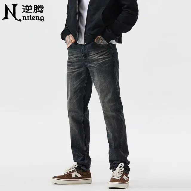 逆腾 逆腾裤男潮牌修身裤子男士潮流水洗复古直筒美式百搭小脚牛仔裤 男款