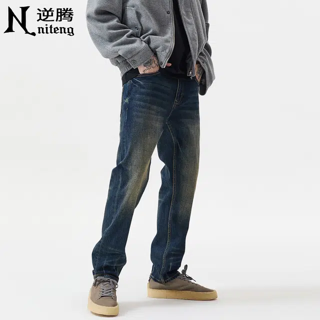逆腾 秋季长裤男美式直筒男士复古重工水洗做旧修身小脚牛仔裤 男款