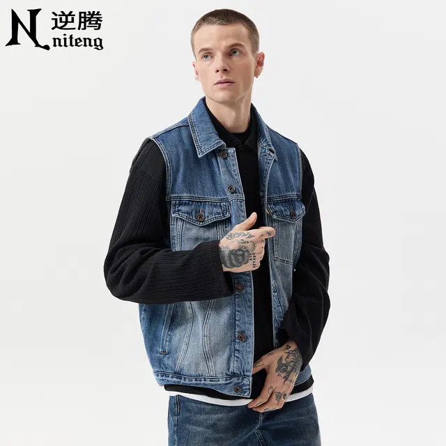 逆腾 秋季复古牛坎肩背心男美式宽松无袖工装外套男士百搭牛仔马甲 男女同款