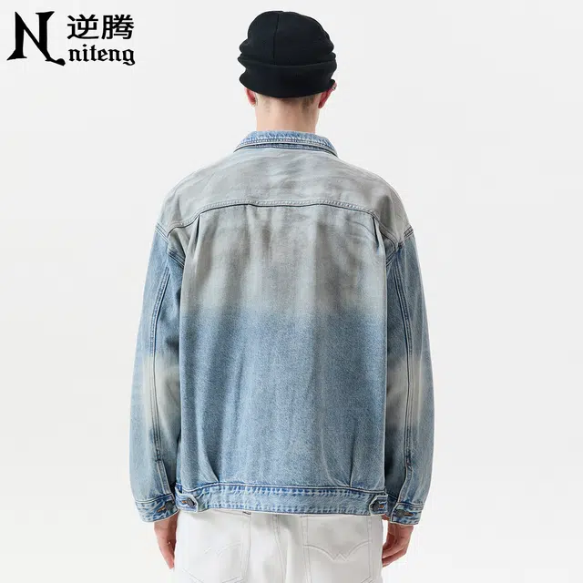 逆腾 秋季做旧工装夹克男美式高街水洗宽松翻领男士渐变牛仔外套 男女同款