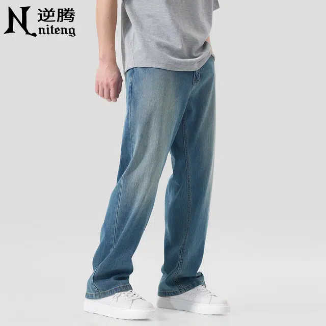 逆腾 潮牌垂感直筒宽松牛仔裤 男款 蓝色