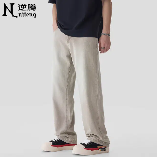 逆腾 宽松直筒舒适百搭中腰牛仔裤 男款 浅卡其色