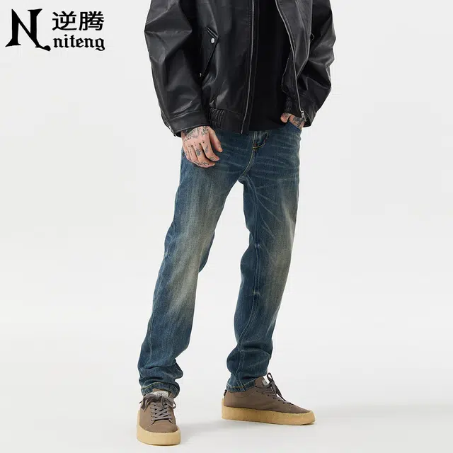 逆腾 秋季复古长裤男潮牌美式修身弹力裤子男士基础款直筒小脚牛仔裤 男款