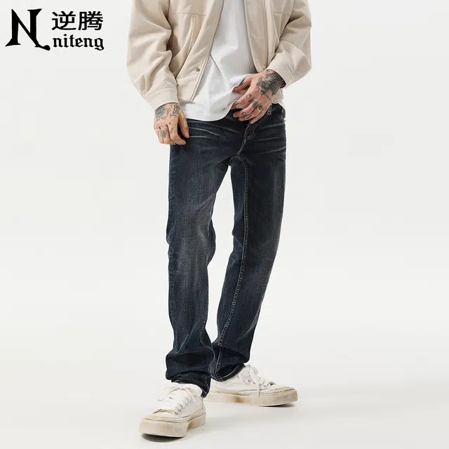 逆腾 逆腾复古长裤男潮流修身直筒裤子男士潮牌高街水洗美式弹力小脚牛仔裤 男款