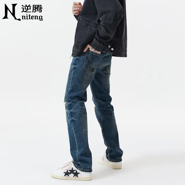 逆腾 逆腾破洞补丁裤男美式高街修身裤子男士潮牌水洗复古直筒小脚牛仔裤 男款