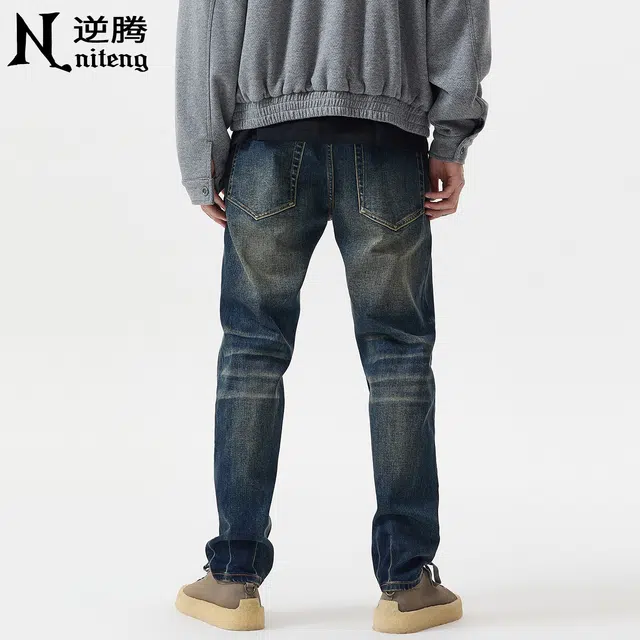 逆腾 秋季长裤男美式直筒男士复古重工水洗做旧修身小脚牛仔裤 男款