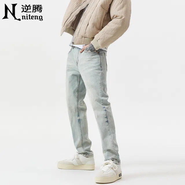 逆腾 秋季弹力浅色长裤男直筒复古重工水洗男裤耐磨修身小脚牛仔裤 男女同款