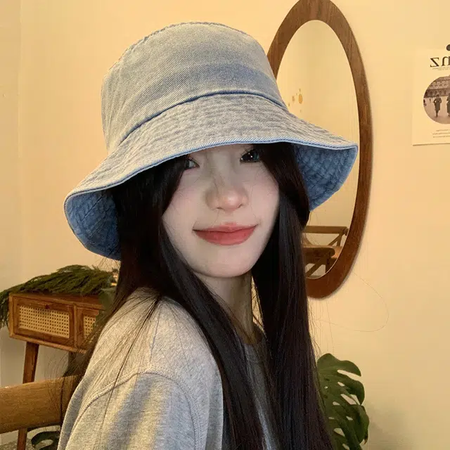 杨同学 复古做旧牛仔蓝色金属标大檐遮阳防晒 涤纶 渔夫帽 女款
